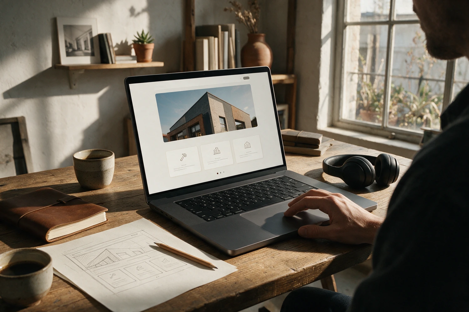 Ilustración de una web y su diseño sobre una mesa de trabajo